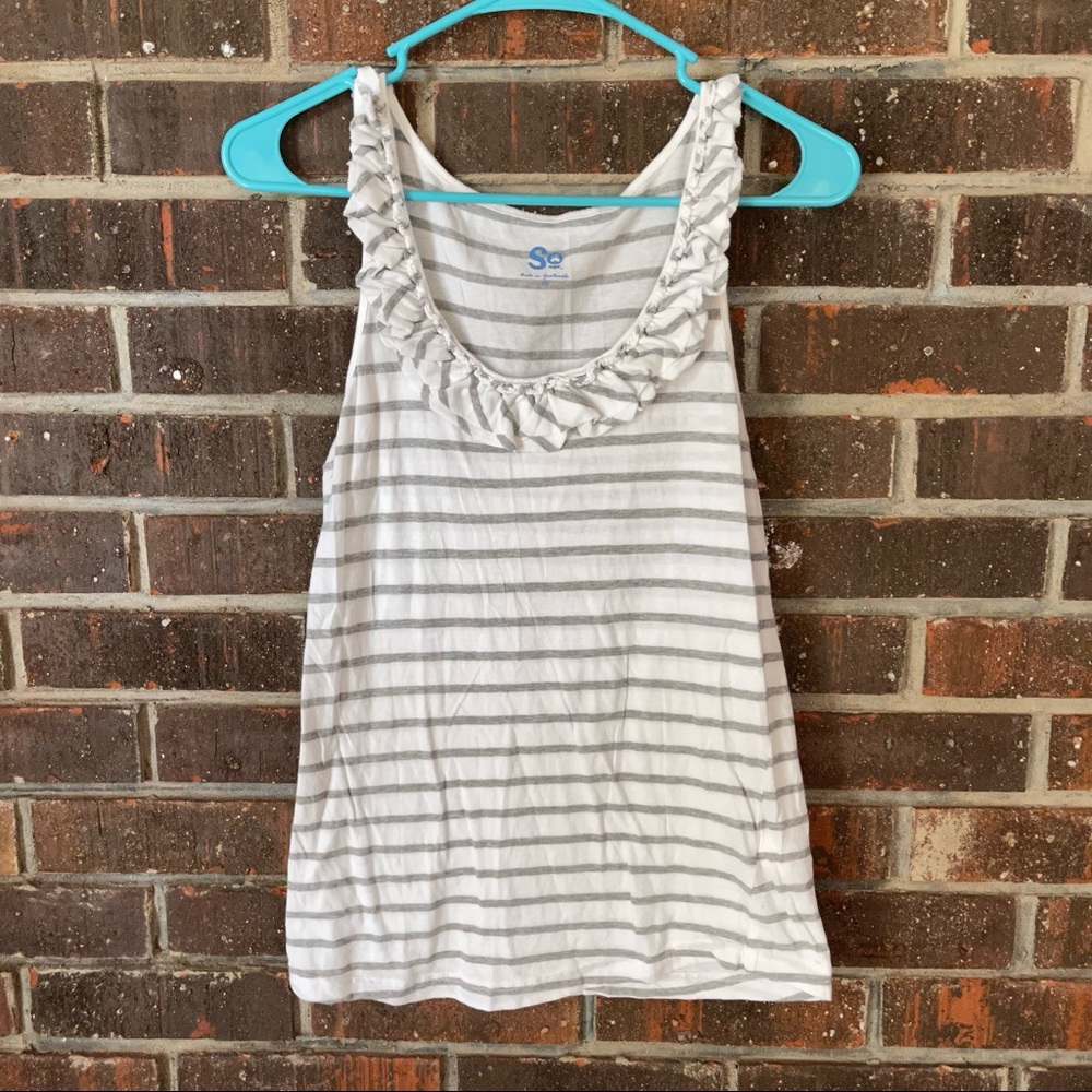 White & Gray Striped Ruffle SO Tank Top